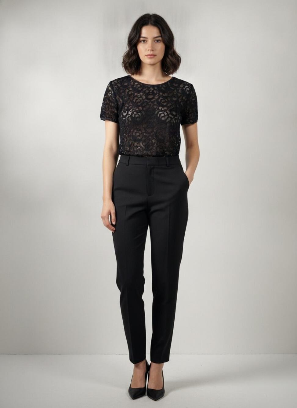 Natori II Vintage Lace Sheer Short-Sleeve Top, Black, Large